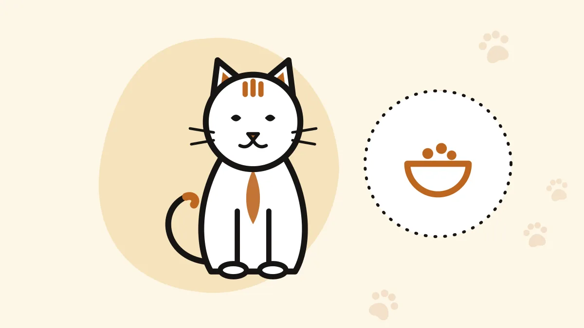 Illustration of a cat sitting beside a food bowl icon