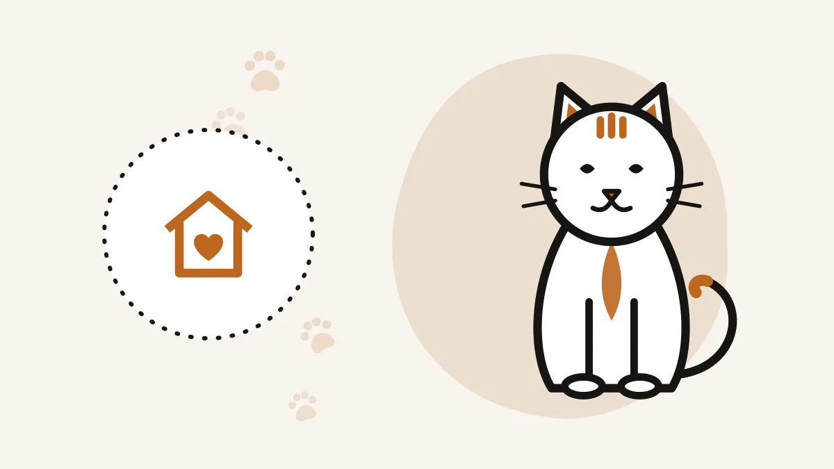 Illustration of a cat sitting next to a home care icon